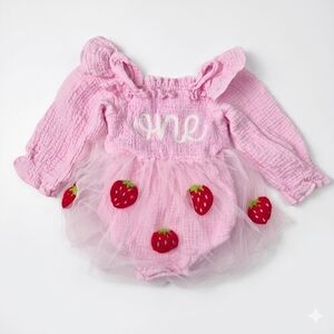Berry First Birthday Strawberry Romper Smocked Pink Tutu "One" 12M